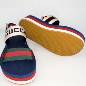 Gucci Stripe Canvas Logo Platform Sandals 36.5 Green Red White Blue